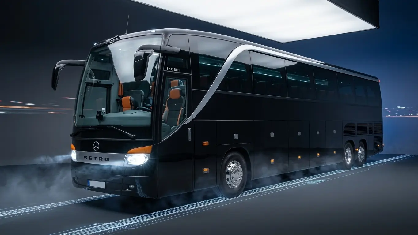 Nightliner Bus bei Nacht mit eingeschalteten Scheinwerfern